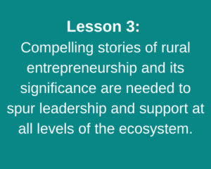 Lesson 3: Compelling stories of rural entrepreneurship and its significance are needed to spur leadership and support at all levels of the ecosystem.